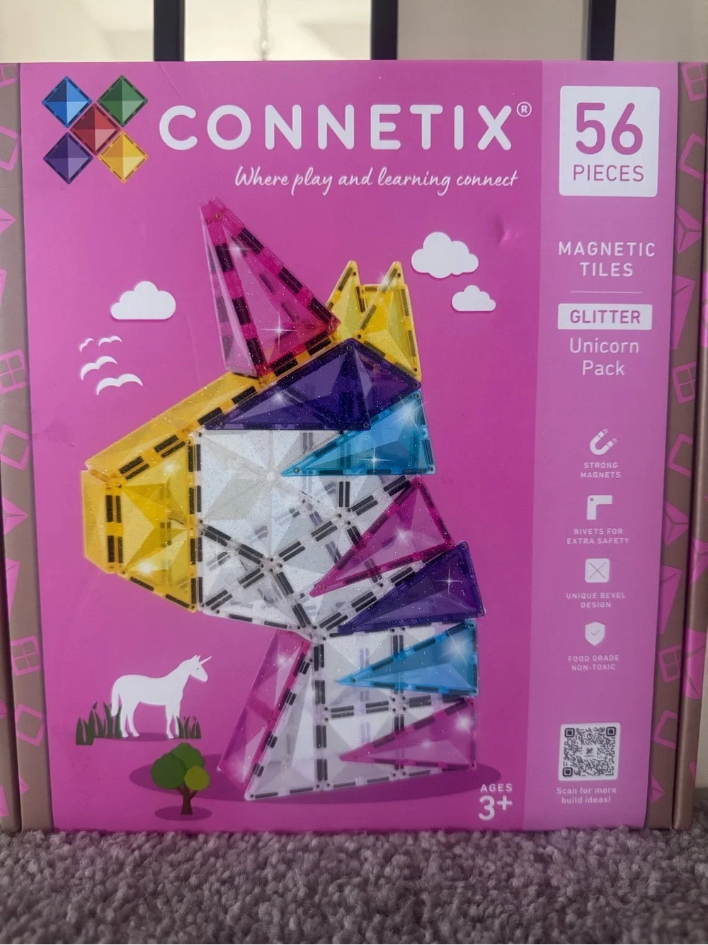 Glitter Unicorn Magnetic Tile Set - Pink Yellow Blue (56 Pieces)